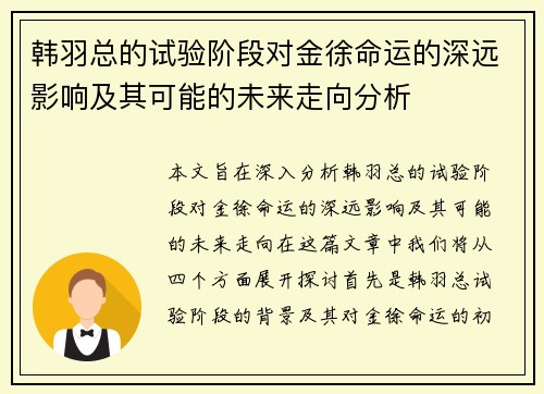 韩羽总的试验阶段对金徐命运的深远影响及其可能的未来走向分析