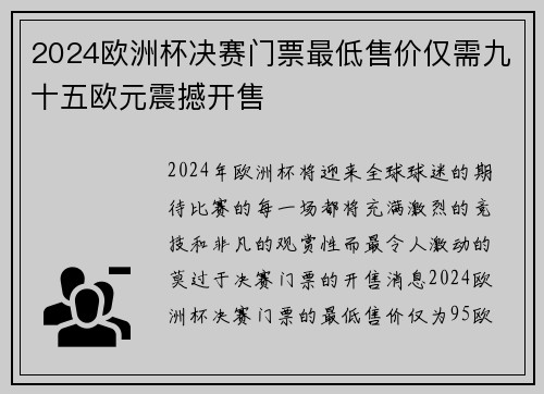 2024欧洲杯决赛门票最低售价仅需九十五欧元震撼开售